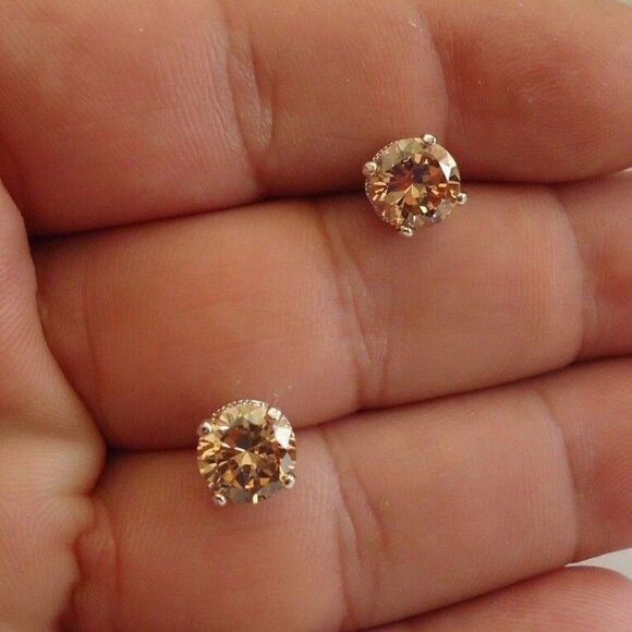 925 STERLING SILVER CHAMPAGNE STUD EARRINGS SIMULATED CHAMPAGNE DIAMONDS/8MM - Picture 1 of 10